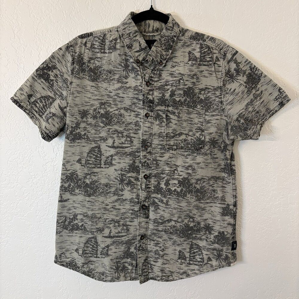 Roark Revival Men's M Short Sleeve Button Down Shirt Gray Junk Boat Palm Print